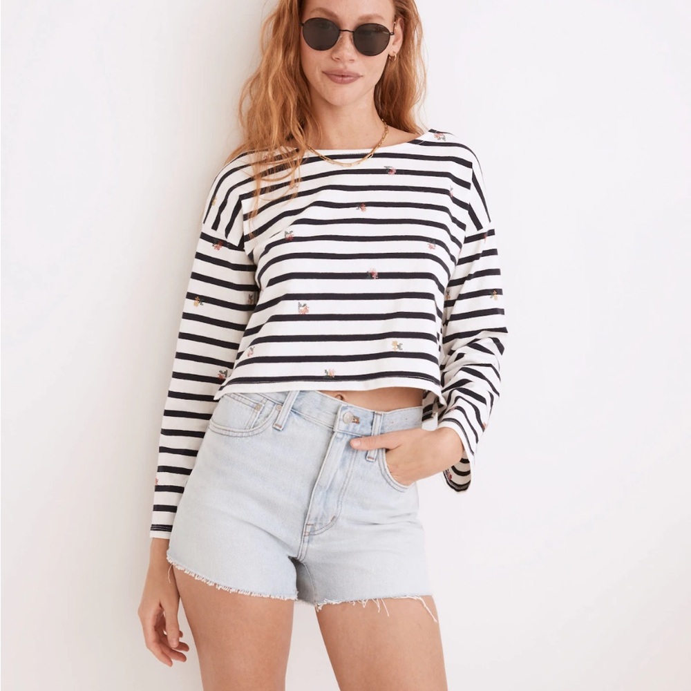 Madewell Cross-Stitch Embroidered Supercrop Long-Sleeve Tee in Stripe